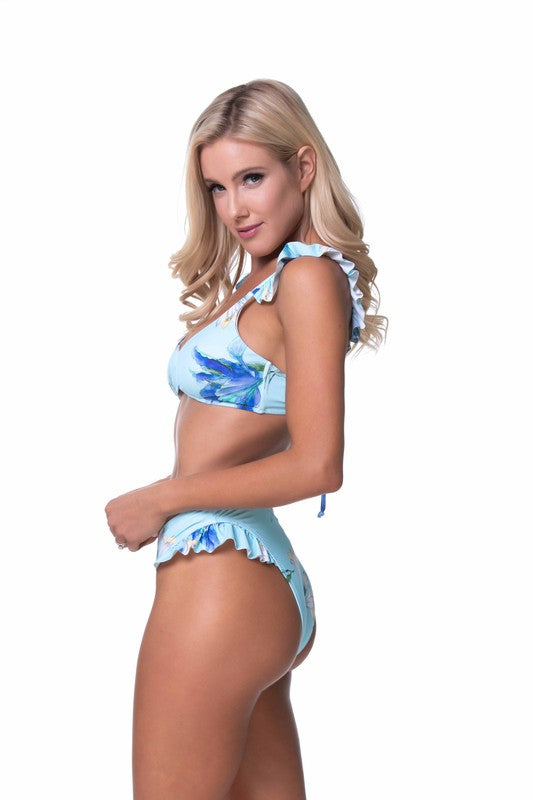 Blue Floral Ruffle Trim Bikini Set