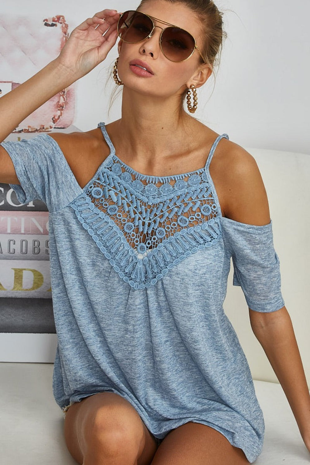 Vintage Blue Crochet Lace Trim Top