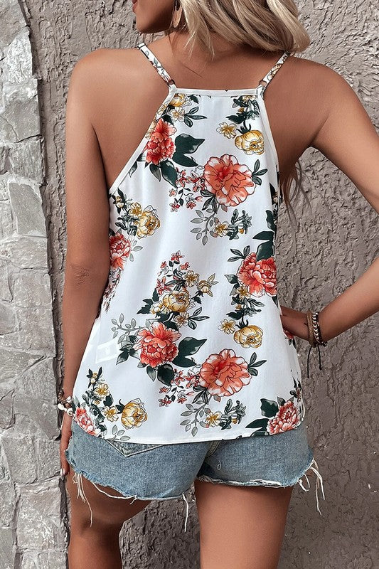Floral Print & Lace Trim Cami Top