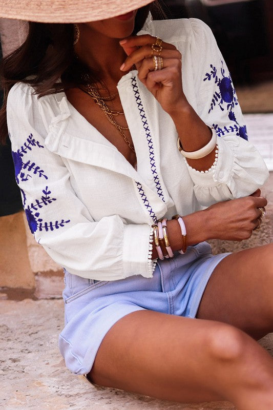 Blue on White Embroidered Sleeve Shirt