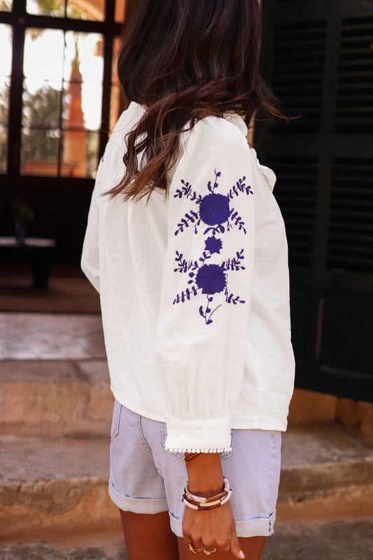 Blue on White Embroidered Sleeve Shirt