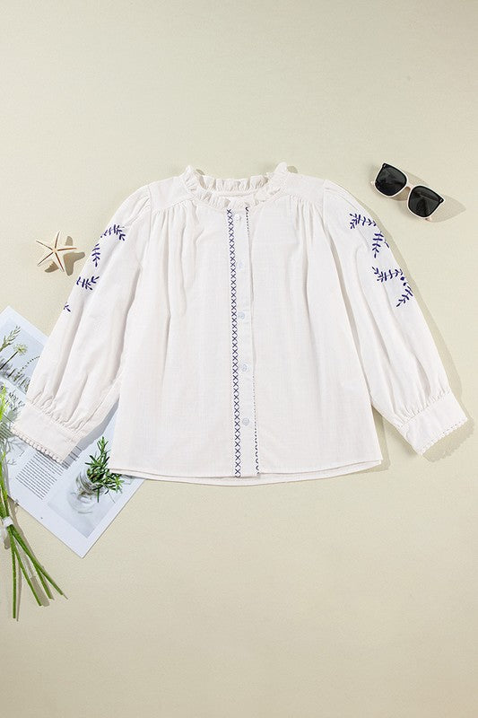 Blue on White Embroidered Sleeve Shirt