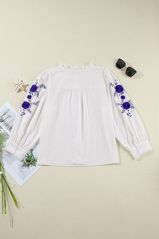 Blue on White Embroidered Sleeve Shirt
