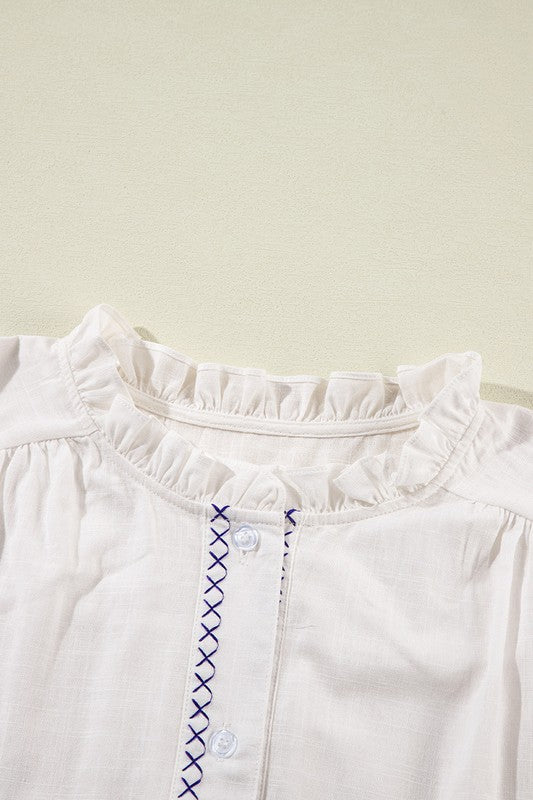 Blue on White Embroidered Sleeve Shirt