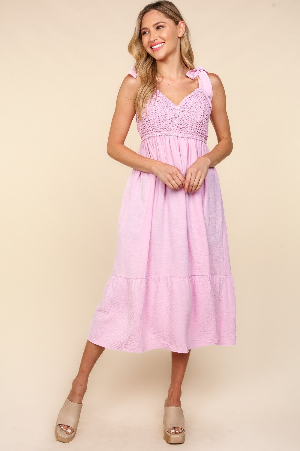 Pink Crochet & Lace Cami Midi Dress