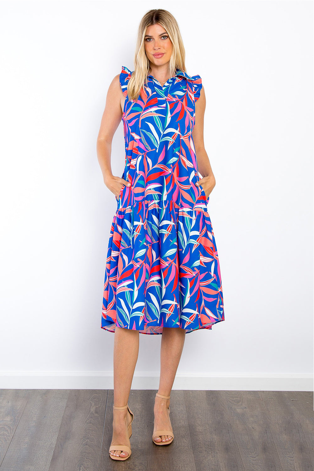 Royal Blue Tropical Print Midi Dress