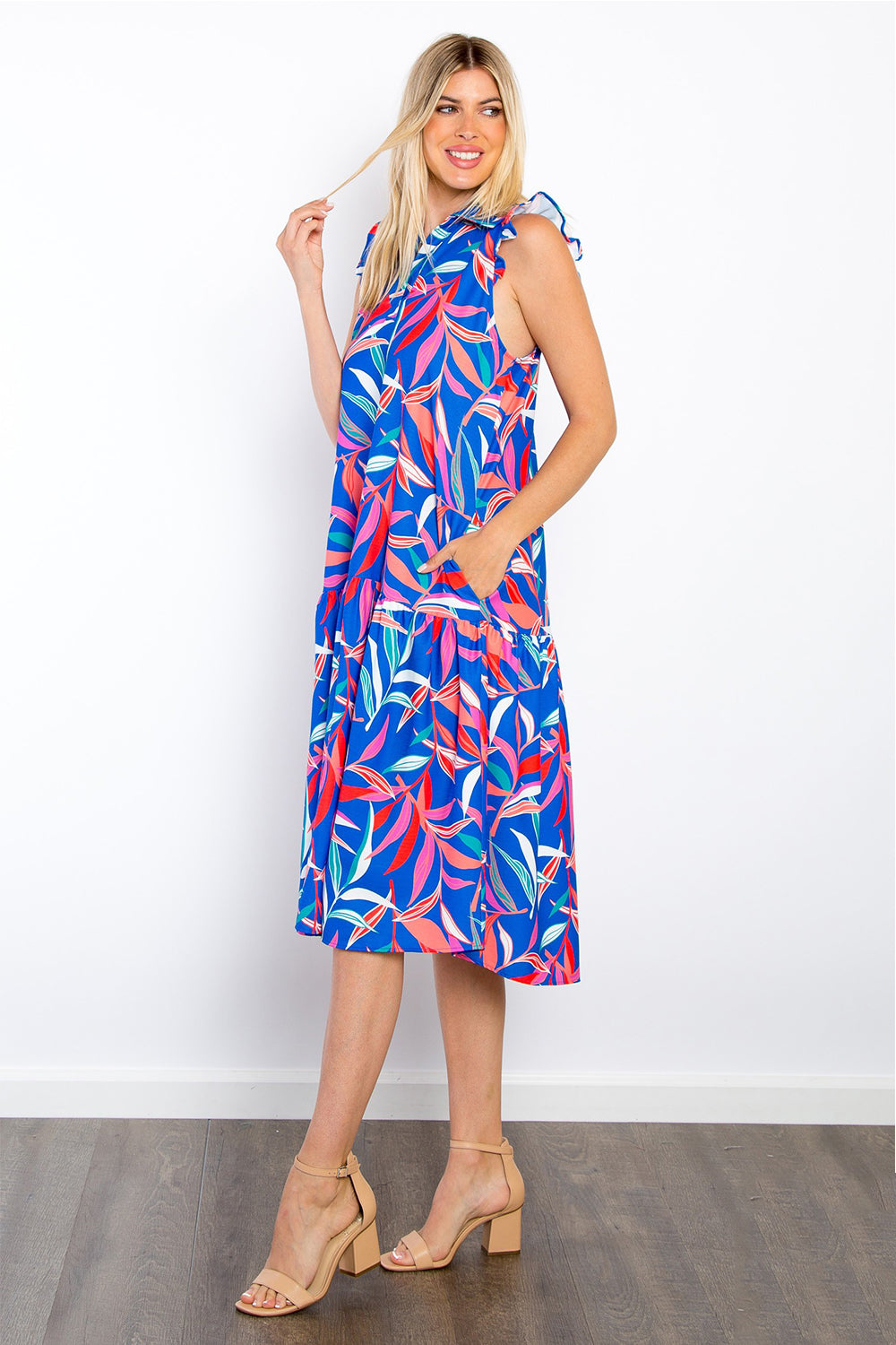 Royal Blue Tropical Print Midi Dress