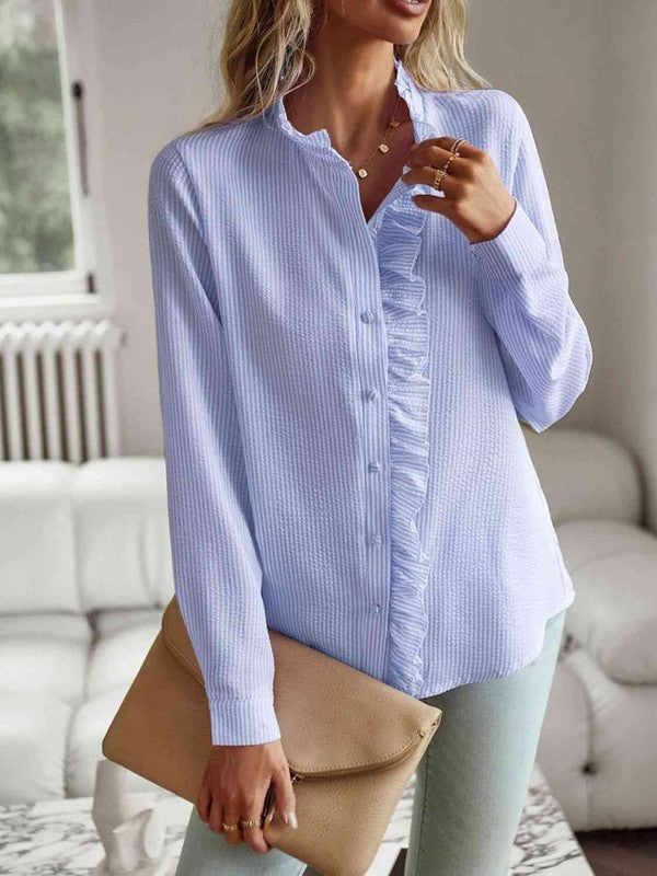 Misty Blue Ruffle Trim Shirt