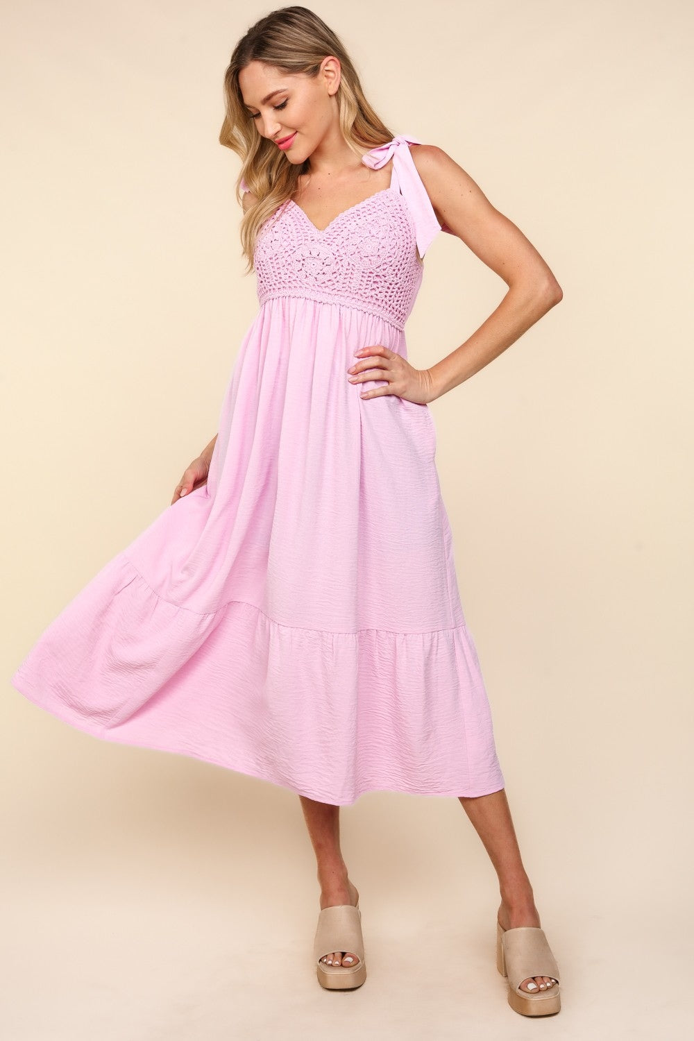 Pink Crochet & Lace Cami Midi Dress