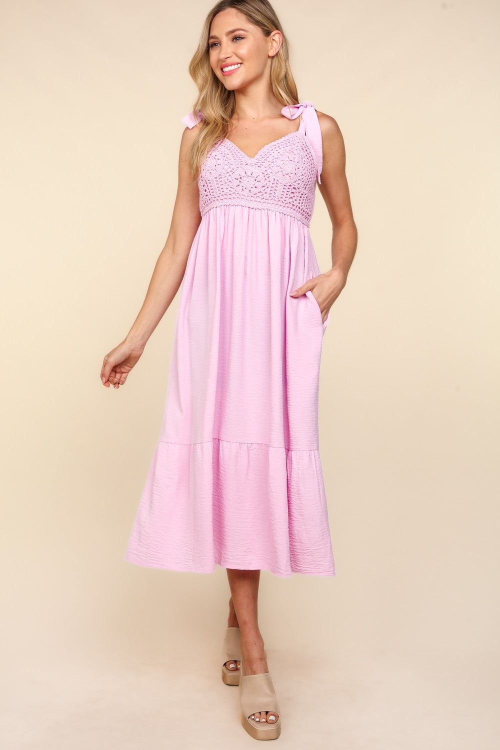 Pink Crochet & Lace Cami Midi Dress