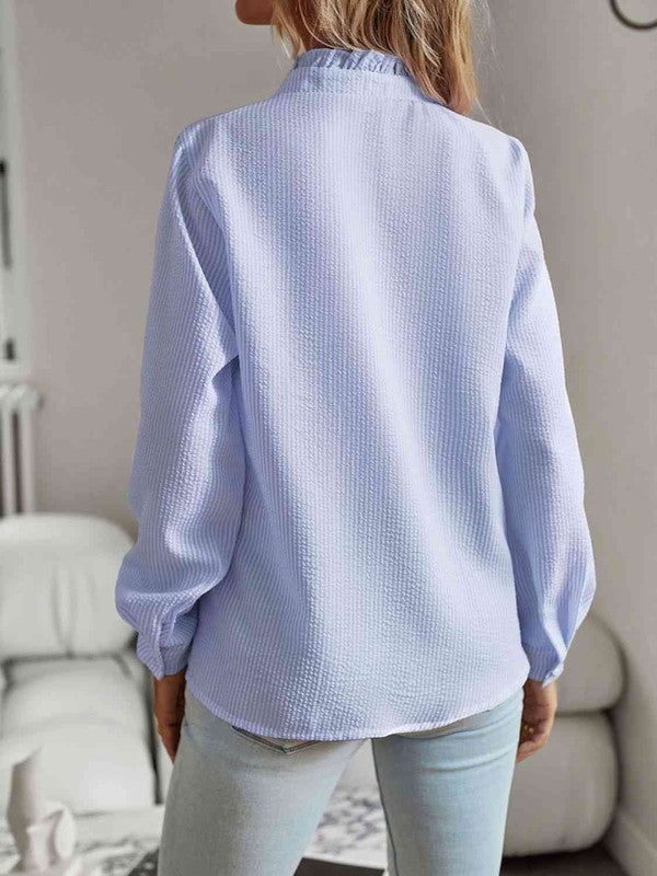 Misty Blue Ruffle Trim Shirt