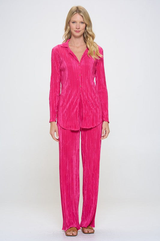 Plisse Solid Button Down Top with Collar-4