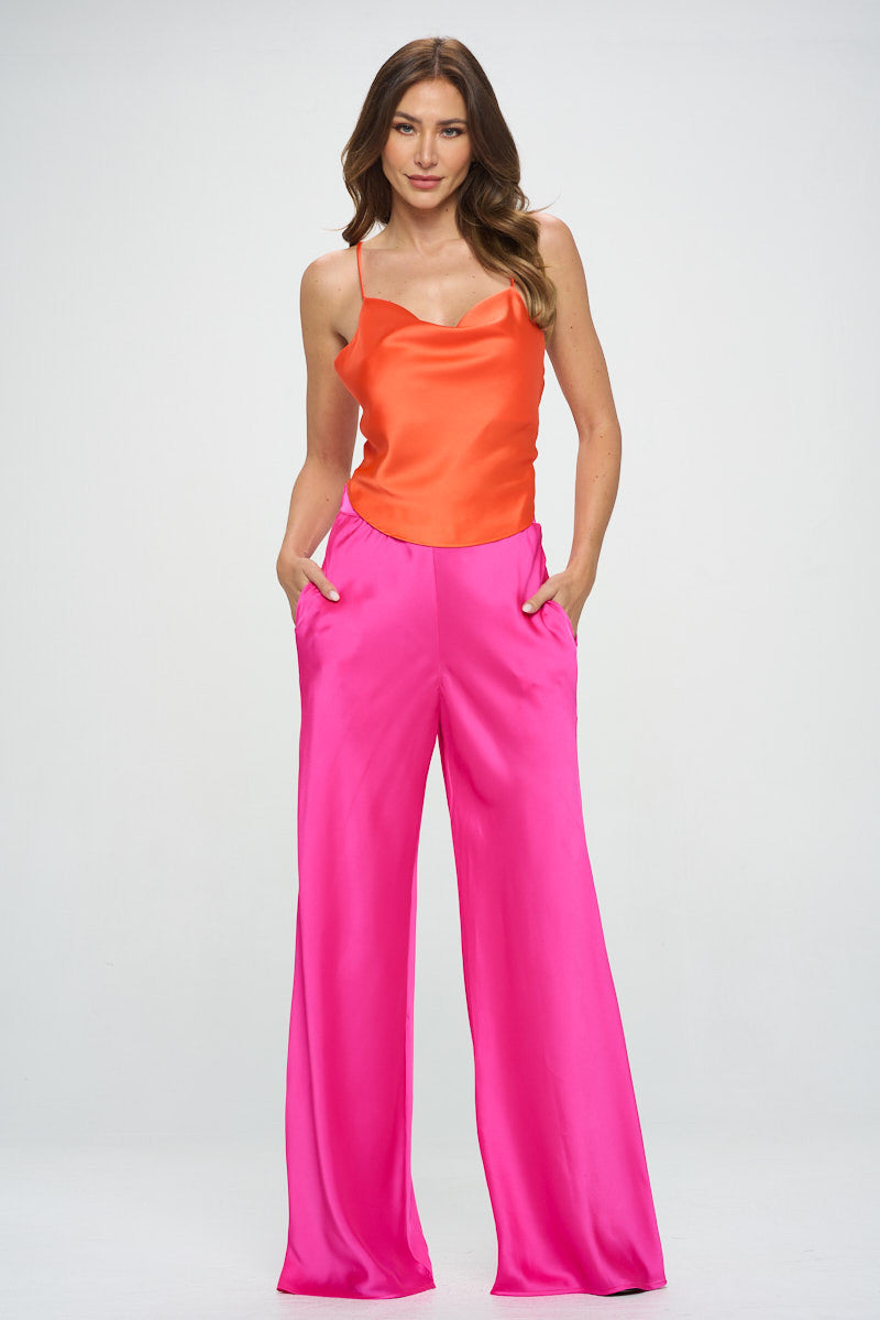 Stretch Satin Pants w/ Elastic Waist and Pockets-4