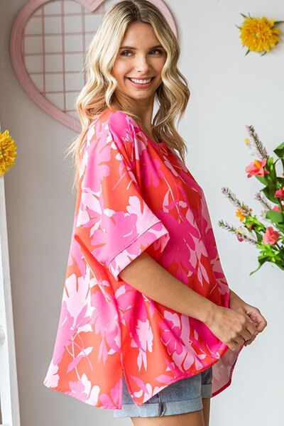 Coral Flower Print Half Sleeve Blouse