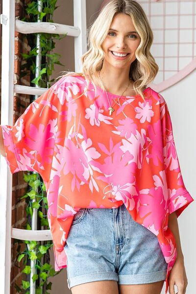 Coral Flower Print Half Sleeve Blouse