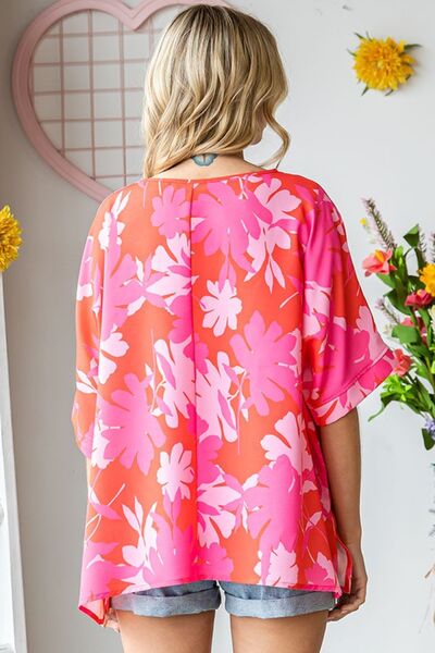 Coral Flower Print Half Sleeve Blouse