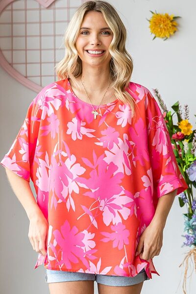 Coral Flower Print Half Sleeve Blouse