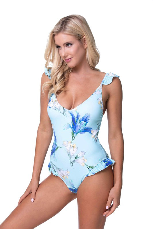 Blue Floral Ruffle Trim One Piece Swimsuit