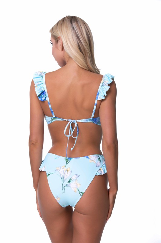 Blue Floral Ruffle Trim Bikini Set