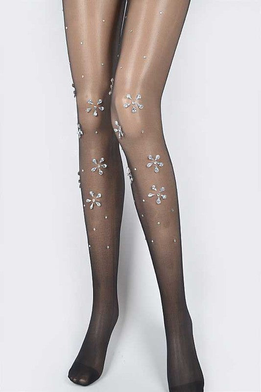 Crystal Flower Accents Sheer Stockings