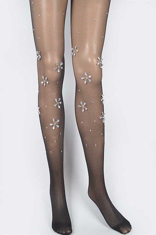 Crystal Flower Accents Sheer Stockings