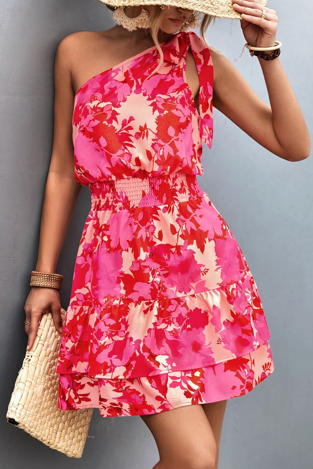 Floral Print One Shoulder Dress