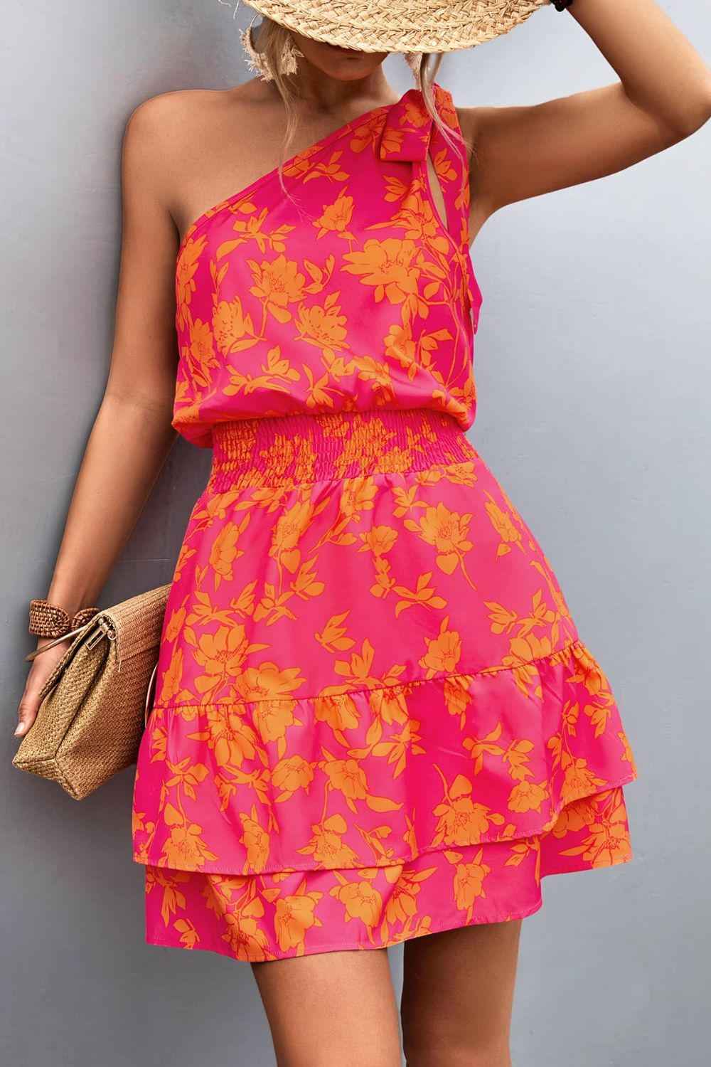 Floral Print One Shoulder Dress