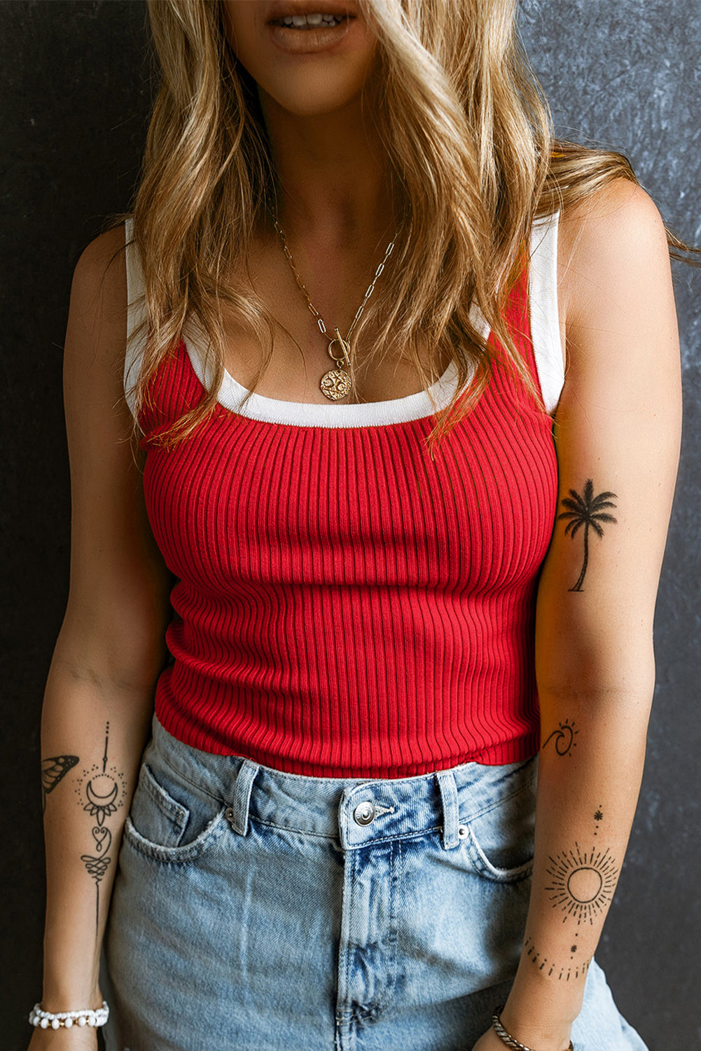 Red Colorblock Knit Tank Top