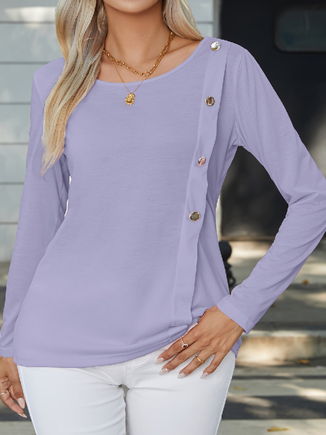 Button Trim Long Sleeve T Shirt