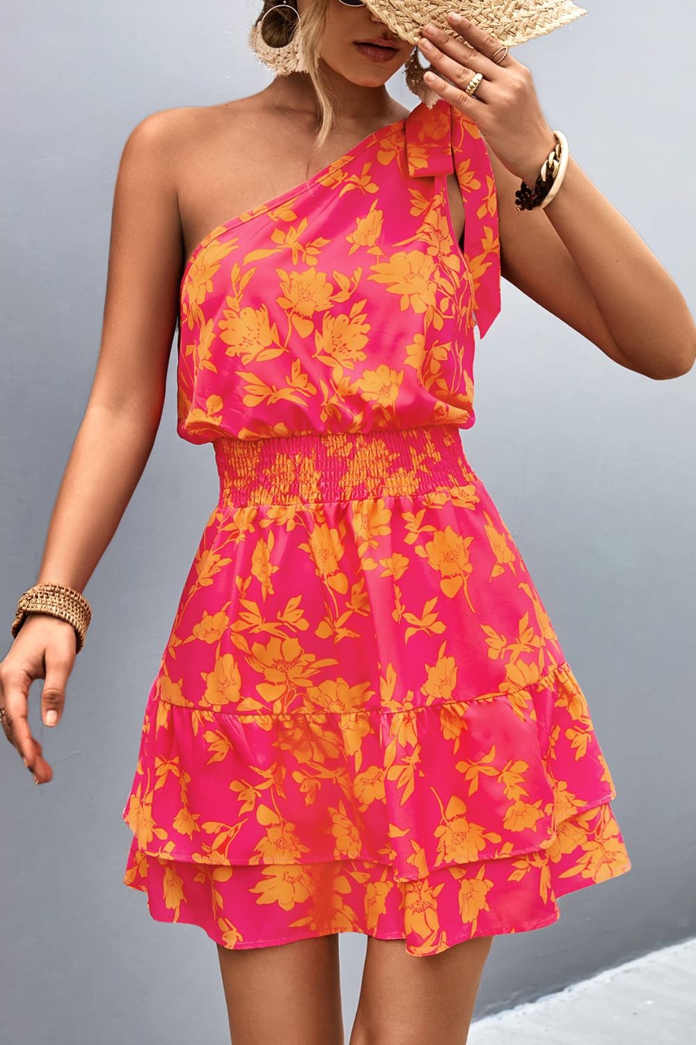 Floral Print One Shoulder Dress