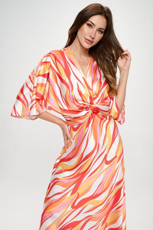 Satin Stretch Print Dress with Front Twist-0