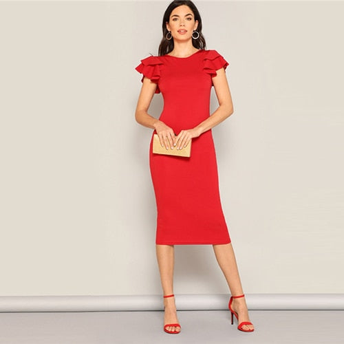 Red Layered Ruffle Sleeve Crisscross Back Bodycon Dress Women Summer Elegant Sleeveless Solid Slim Midi Party Dress-0