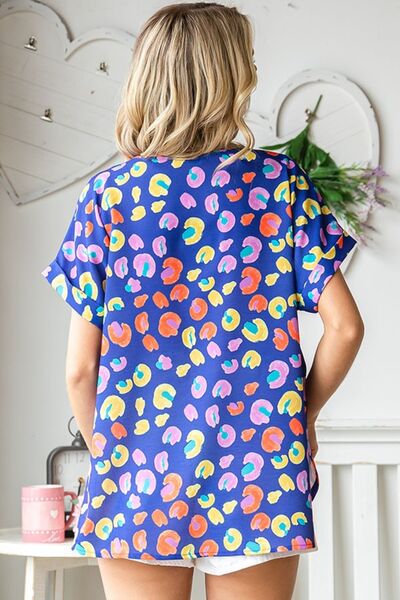 Blue Multicolor Print Short Sleeve Blouse