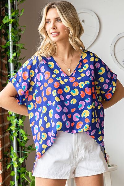 Blue Multicolor Print Short Sleeve Blouse