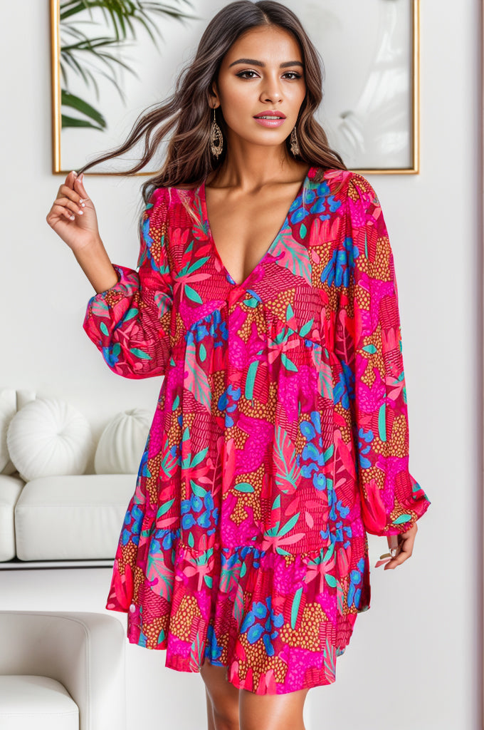 Fun Print Balloon Sleeve Mini Dress