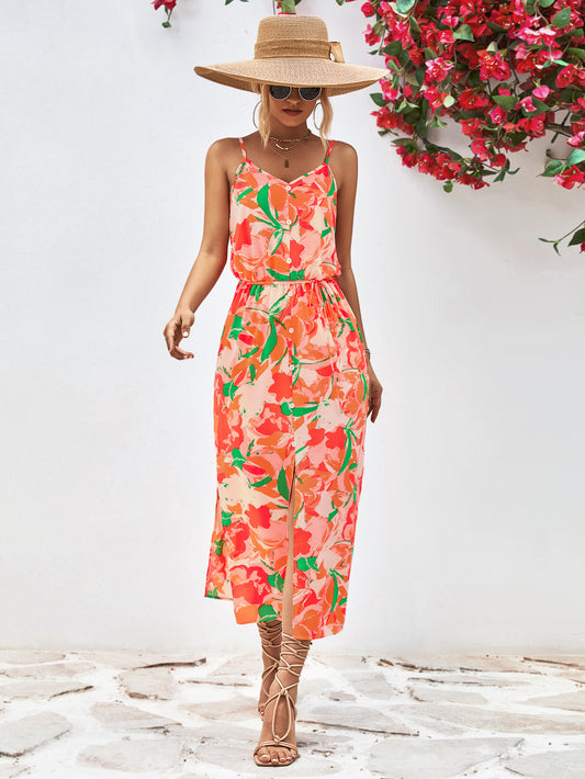 Colorful Floral Print Spaghetti Strap Midi Dress