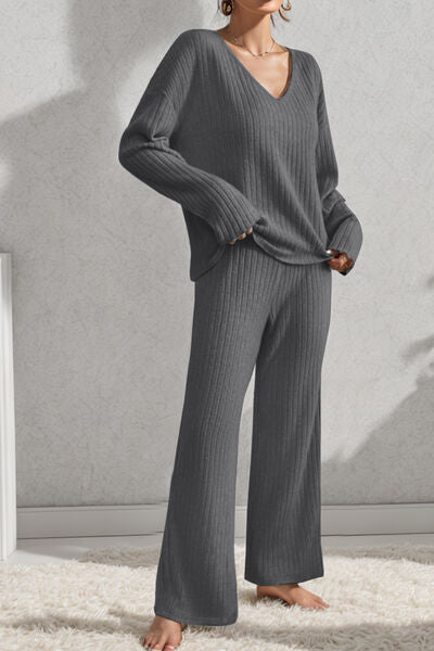 V Neck Cotton Long Sleeve Top and Pants Set