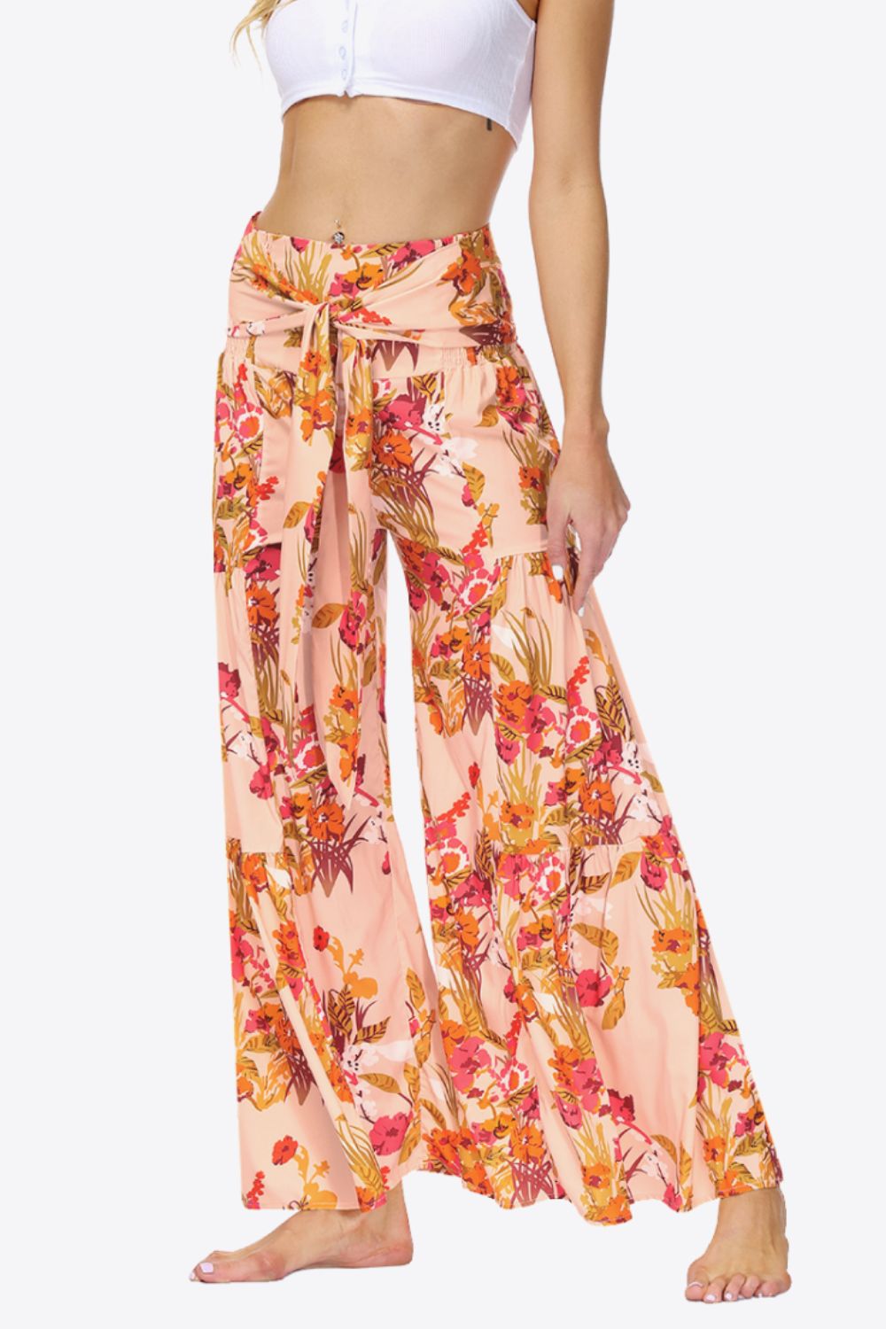 Floral Tie-Waist Tiered Wide Leg Culottes