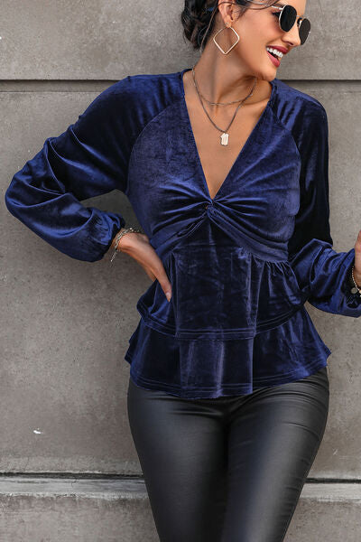 Plunge and Twist Neckline LS Blouse