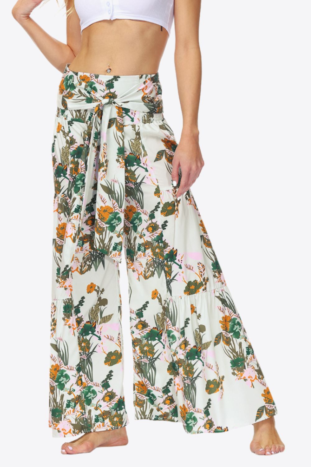 Floral Tie-Waist Tiered Wide Leg Culottes