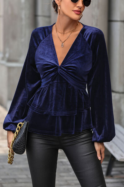 Plunge and Twist Neckline LS Blouse