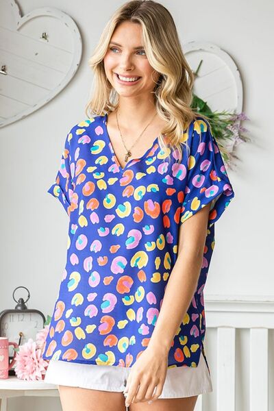 Blue Multicolor Print Short Sleeve Blouse