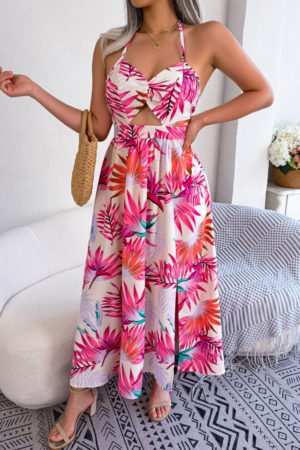 Tropical Print Halter Neck Maxi Dress