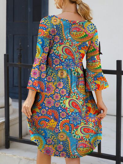 Paisley and Flowers Design 3/4 Sleeve Dress