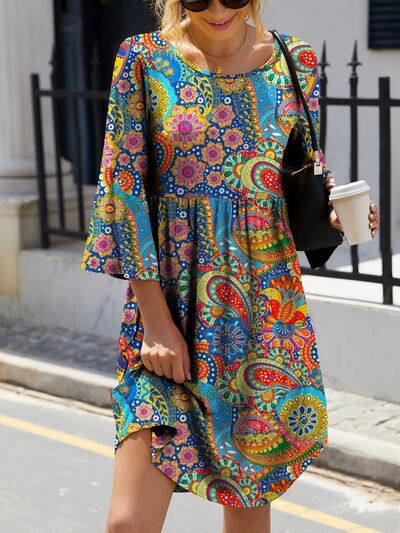 Paisley and Flowers Design 3/4 Sleeve Dress