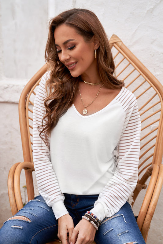 Casual V Neck Top with Sheer Sleeves