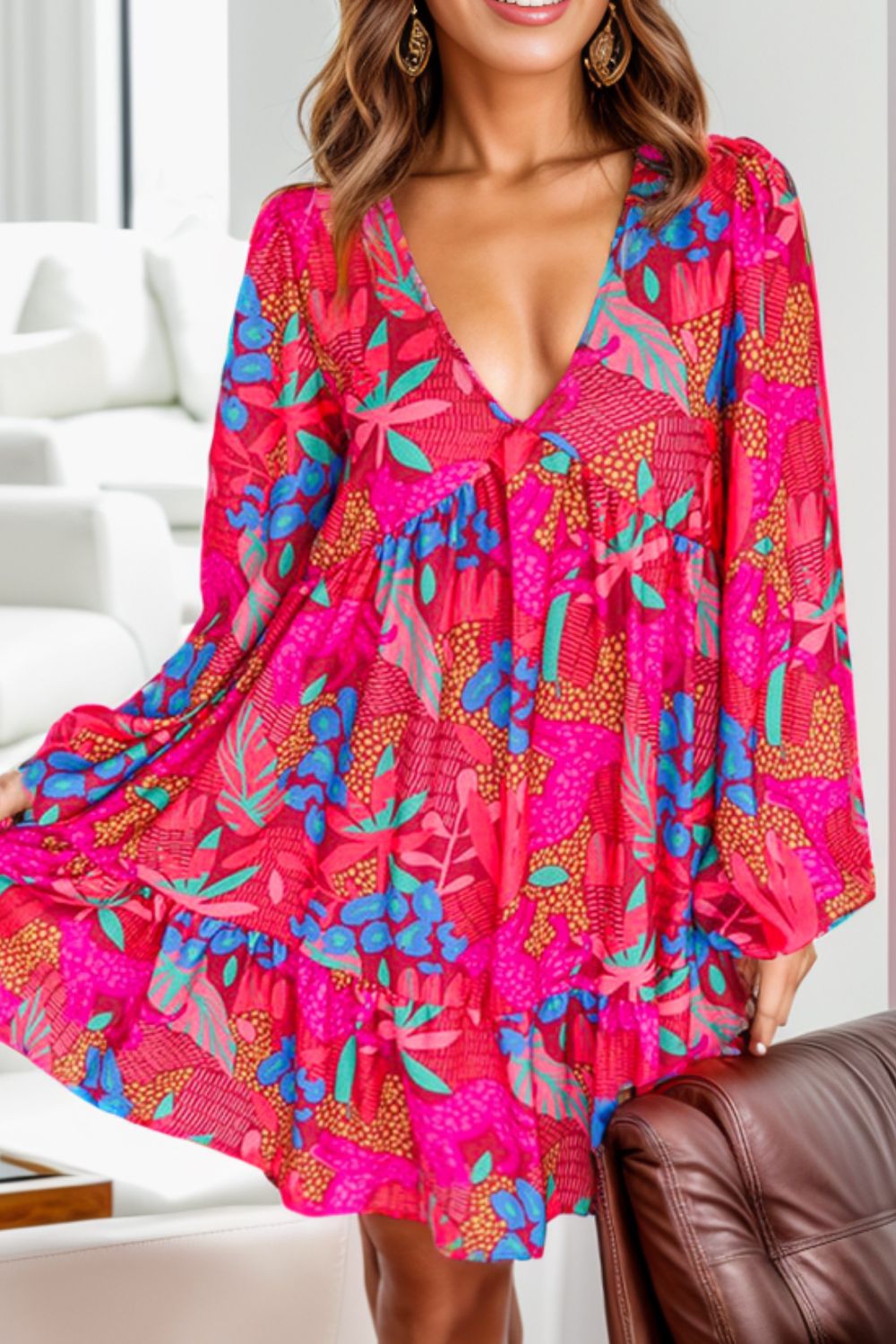 Fun Print Balloon Sleeve Mini Dress