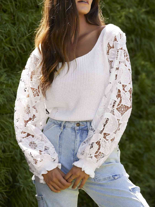 White Lace Trim Long Sleeve Knit Top